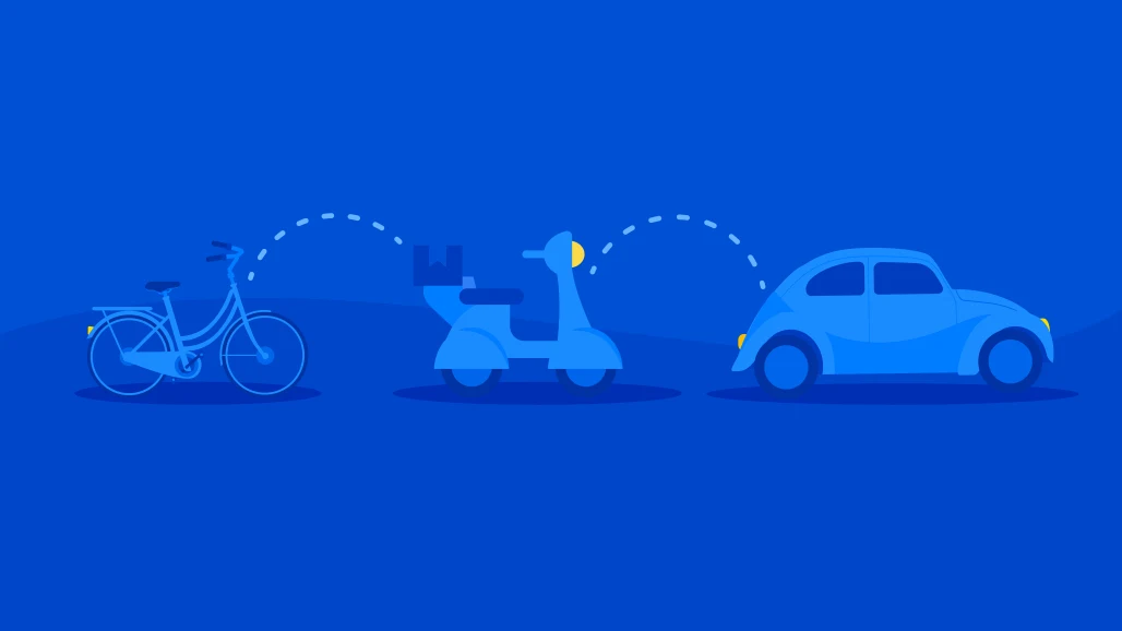 Ilustração para o conceito de MVP, onde uma bicicleta evolui para uma moto e depois um carro